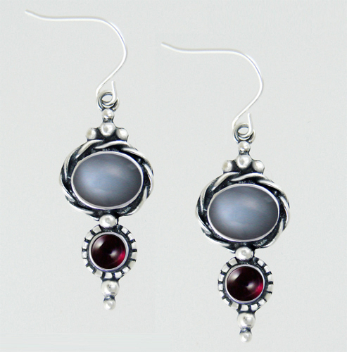 Sterling Silver Drop Dangle Earrings With Grey Moonstone And Garnet